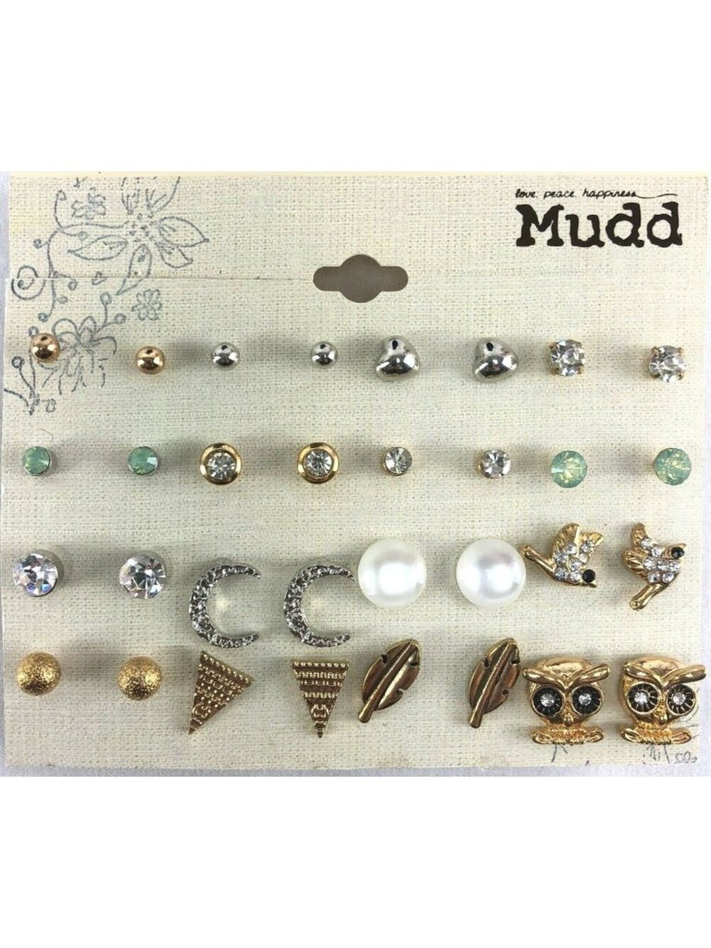 Mudd Earrings 16 Pairs Gold & Silver-tone Studs Owls Feathers Etc